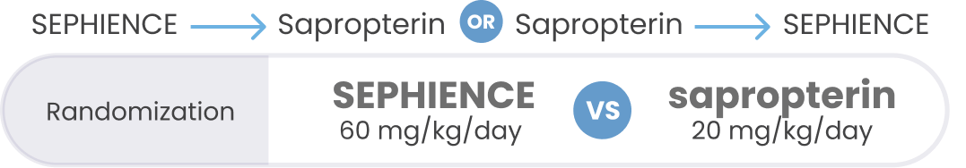 Graphic showing study randomization comparing SEPHIENCE 60 mg/kg/day versus Sapropterin 20 mg/kg/day