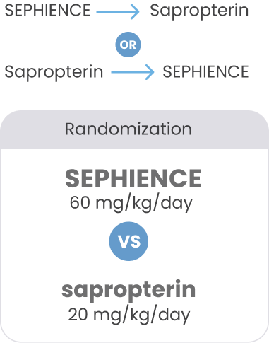 Graphic showing study randomization comparing SEPHIENCE 60 mg/kg/day versus Sapropterin 20 mg/kg/day
